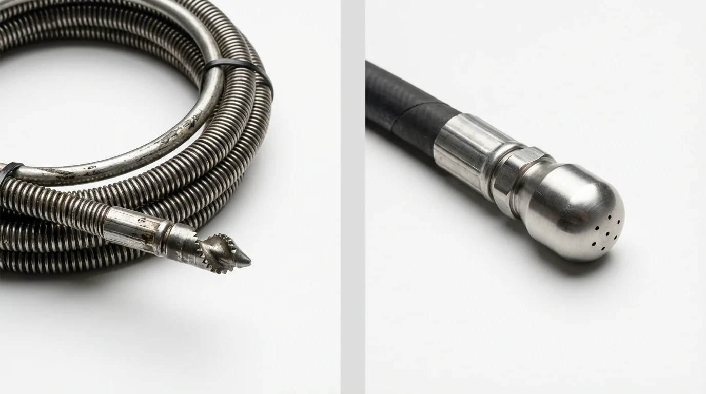 Drain snake cable and hydro jetting nozzle used for drain cleaning in Jamestown, RI