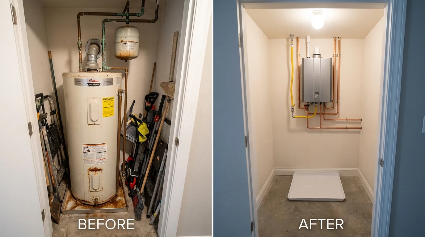 Tank water heater versus wall-mounted tankless unit comparison for Jamestown, RI homeowners