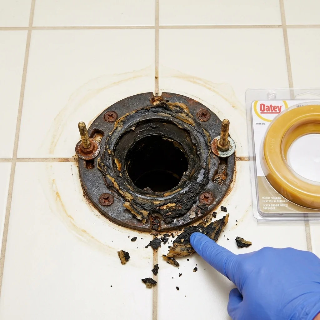 Failed wax ring showing water seepage at the base of a toilet in a Jamestown, RI home