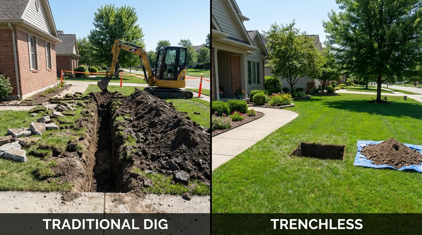 Trenchless sewer repair with minimal yard damage versus traditional excavation in Jamestown, RI