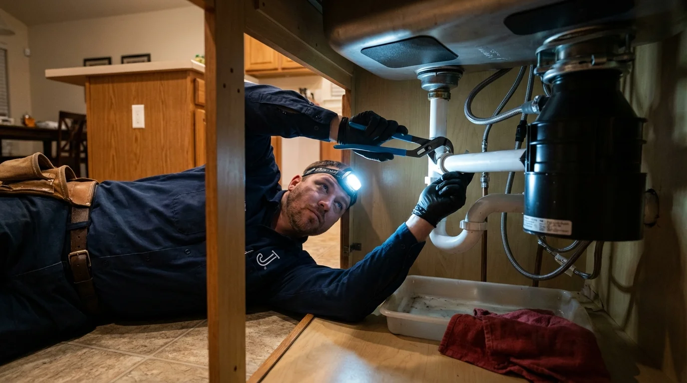 P-trap and supply line connections under a kitchen sink showing a common leak point in Jamestown, RI